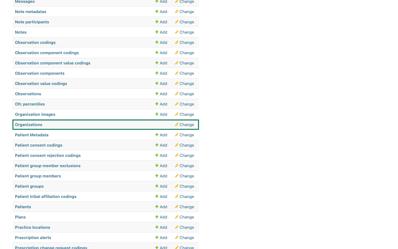 The Practice section of Settings with Organizations highlighted