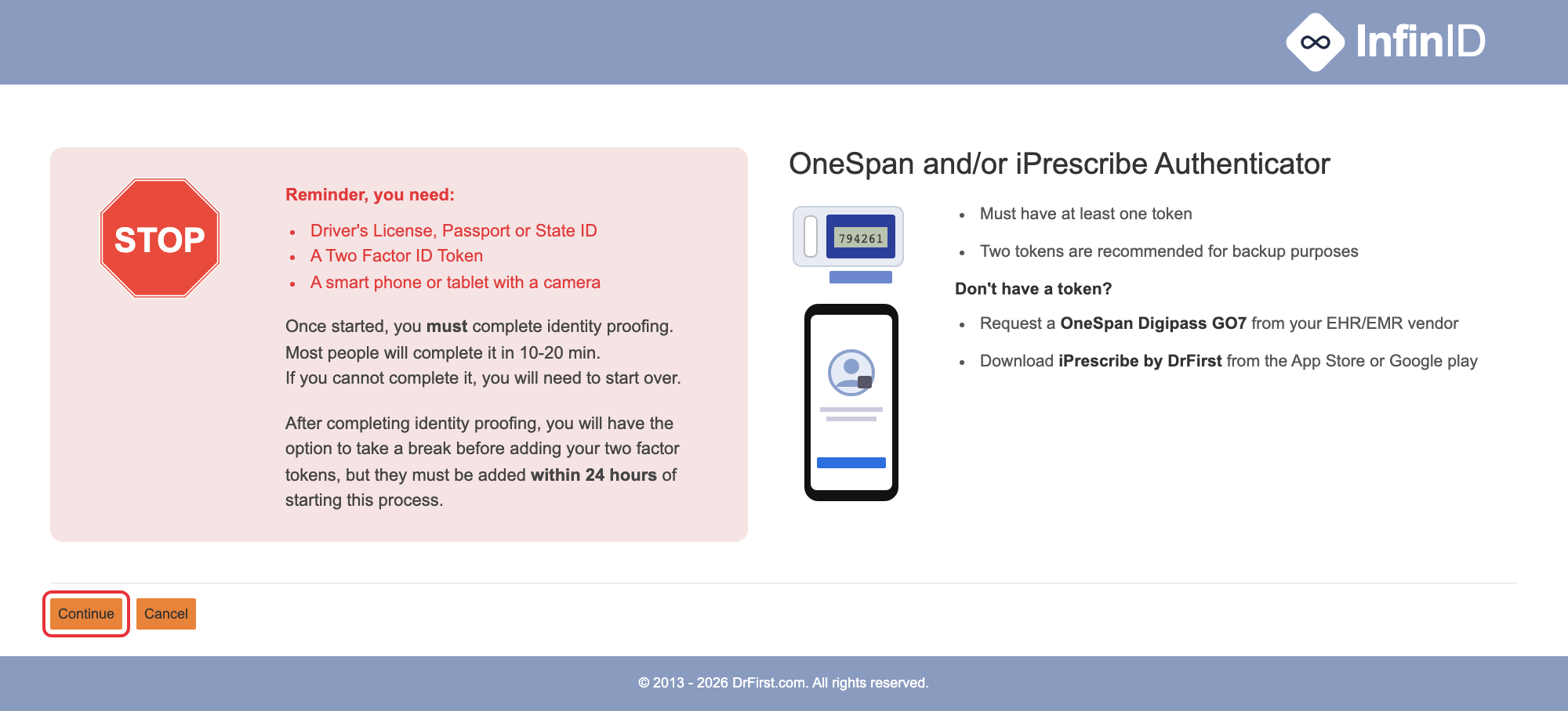 DrFirst reminder screen with the Continue button highlighted