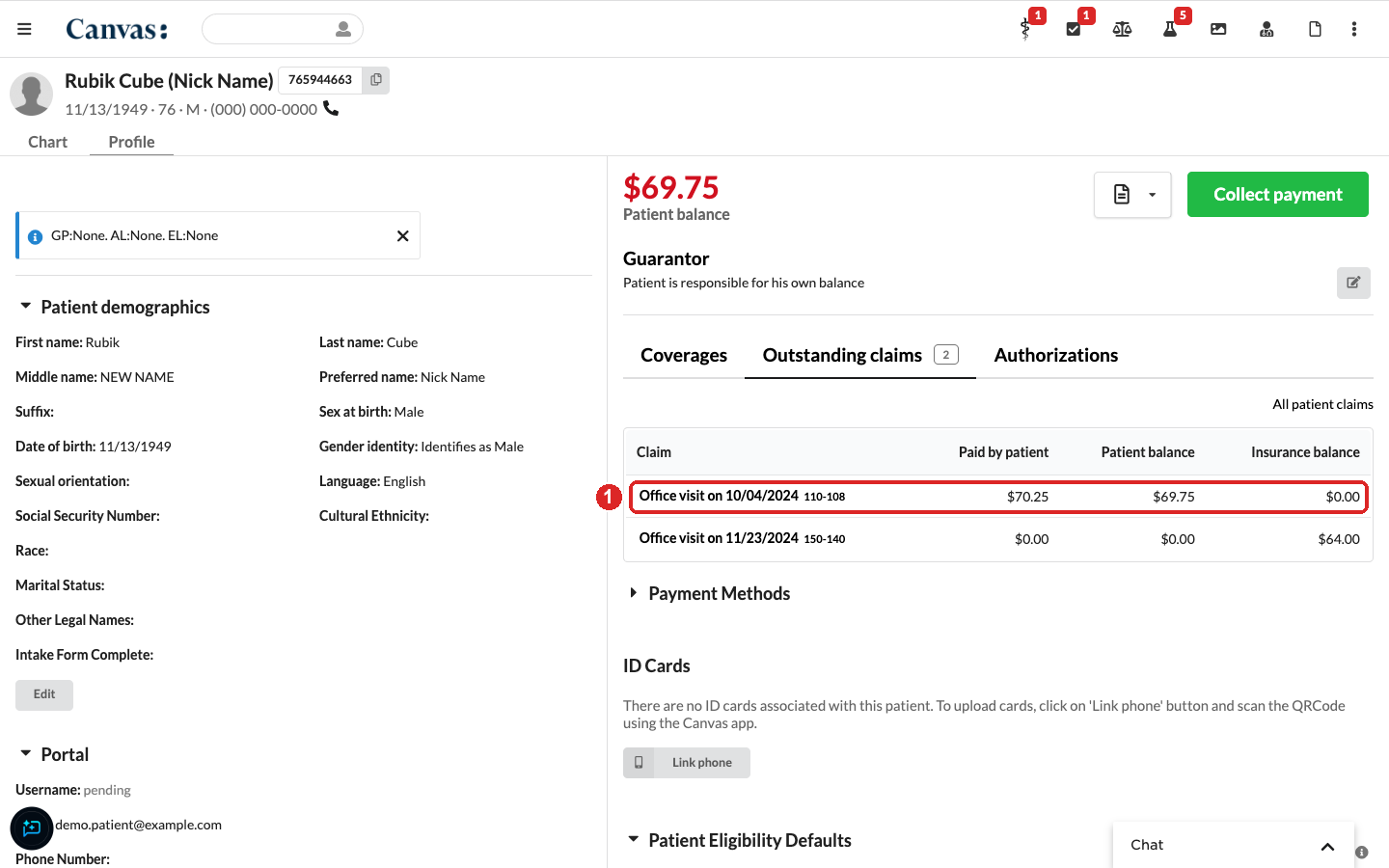 Patient profile with the Outstanding claims tab open and a claim highlighted as step 1 Patient profile with the Outstanding claims tab open and a claim highlighted as step 1