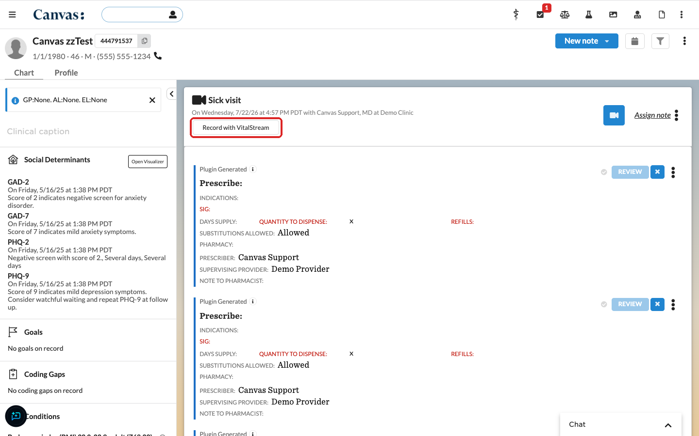 Record with VitalStream button in the note header Record with VitalStream button in the note header