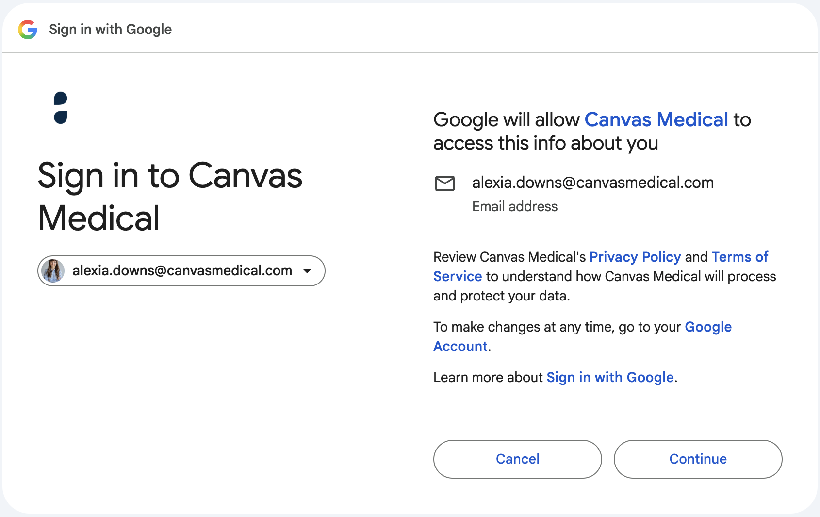 Sign in to Canvas Medical screen with Continue button
