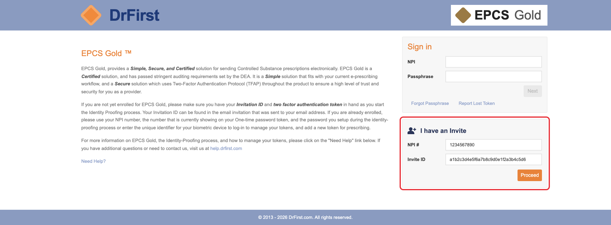 DrFirst EPCS Gold page with the I have an Invite section highlighted