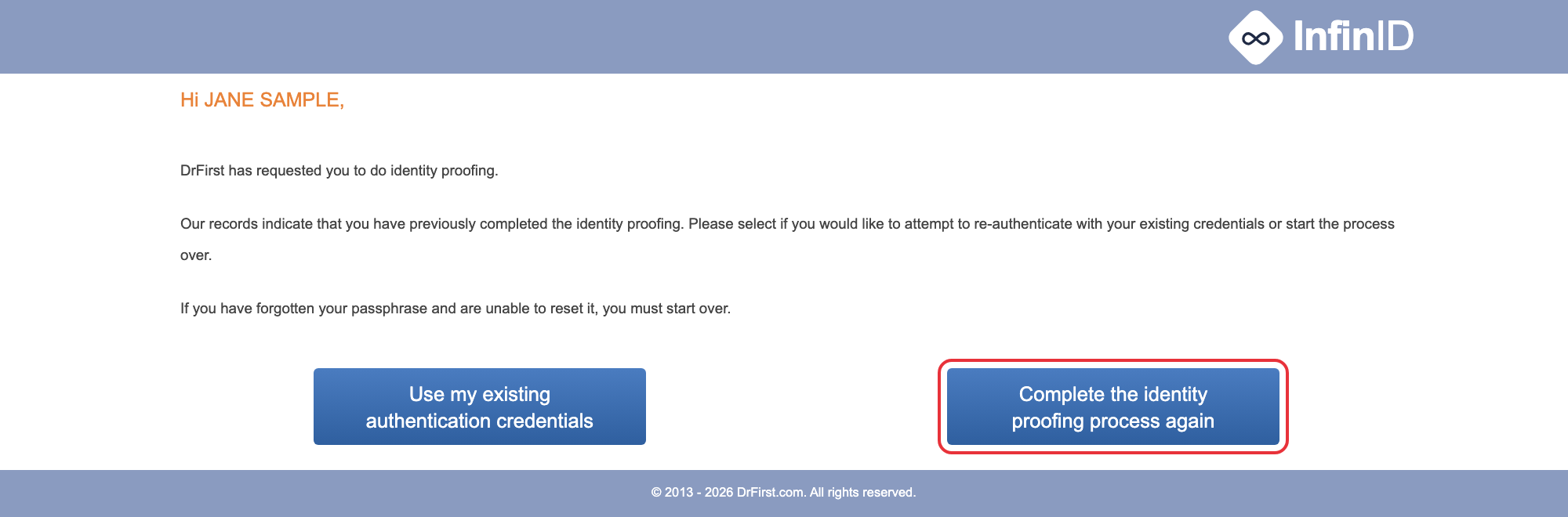 DrFirst screen offering Use my existing authentication credentials or Complete the identity proofing process again, with the second option highlighted