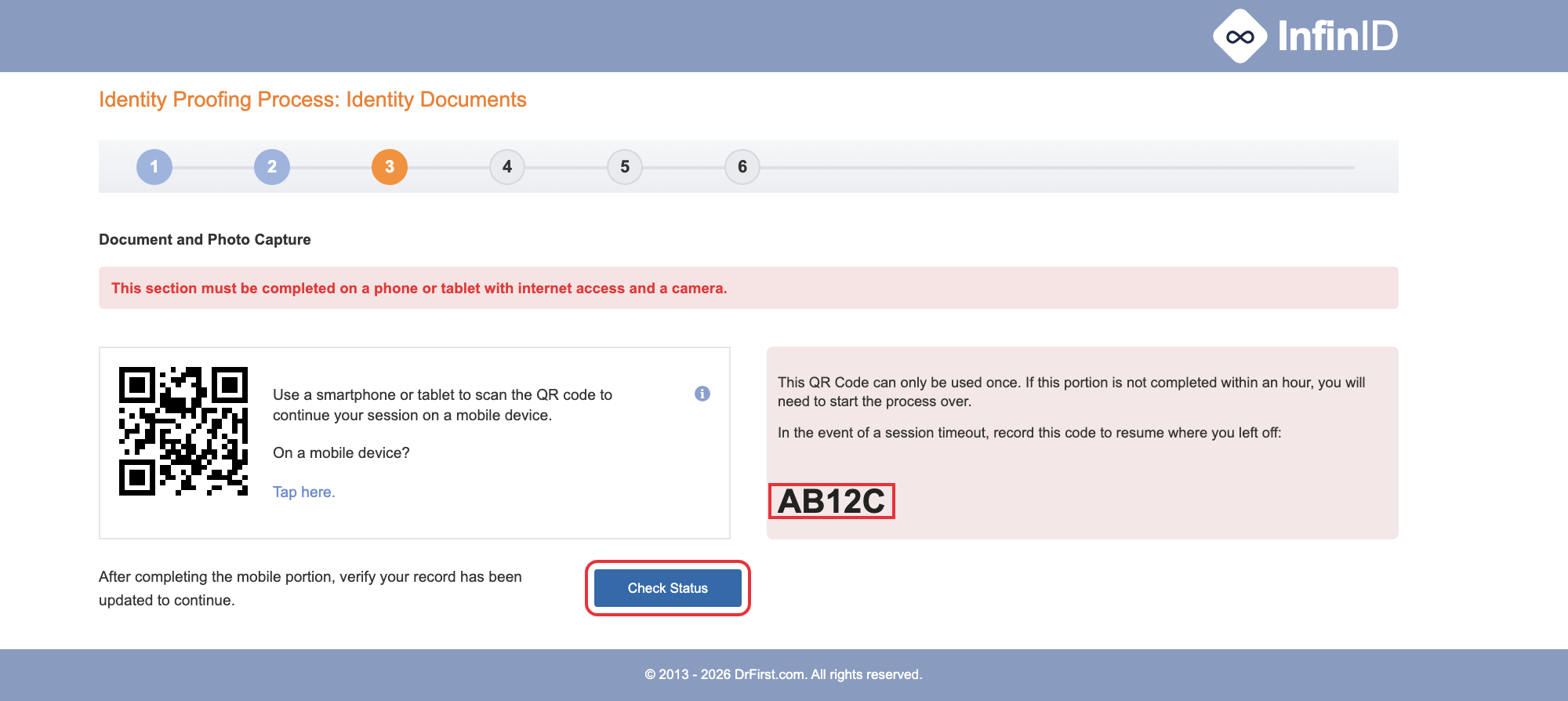 Identity documents screen with the resume code and Check Status button highlighted