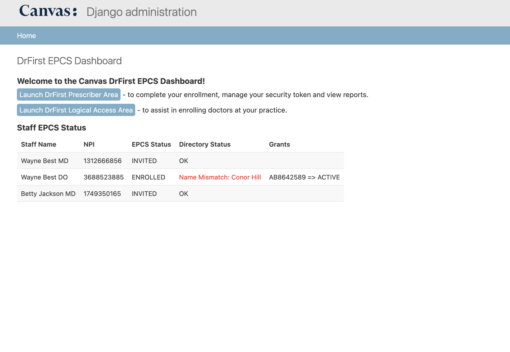 Canvas DrFirst EPCS Dashboard showing EPCS Status, Directory Status, and Grants columns