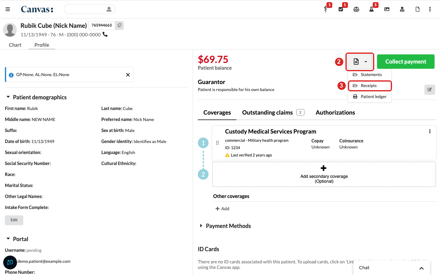 Patient profile with the document icon highlighted as step 2 and Receipts in the menu highlighted as step 3 Patient profile with the document icon highlighted as step 2 and Receipts in the menu highlighted as step 3