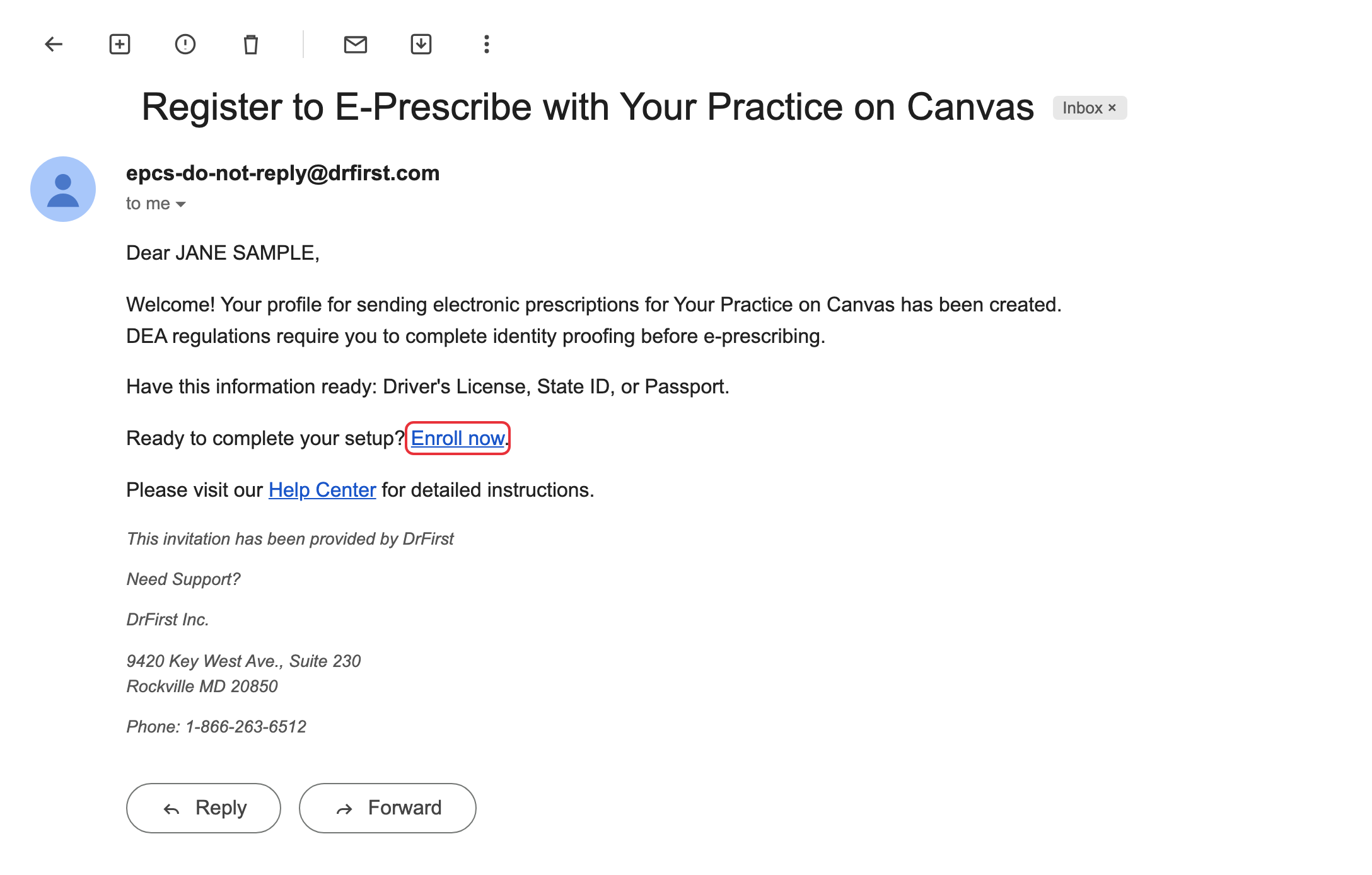 DrFirst invite email with the Enroll now link highlighted