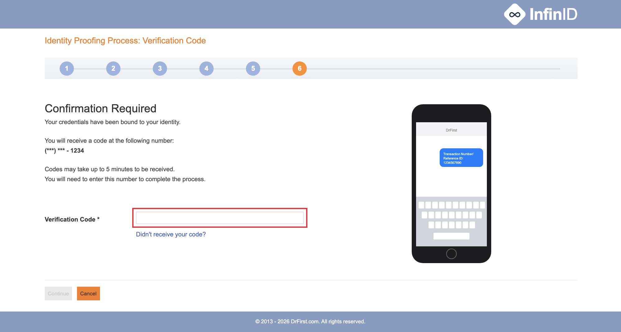 Verification Code screen with the code field highlighted
