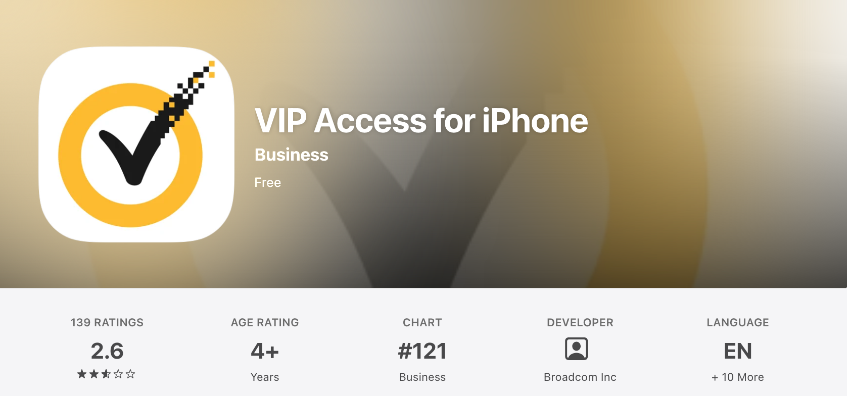 VIP Access for iPhone listing in the Apple App Store, developer Broadcom Inc