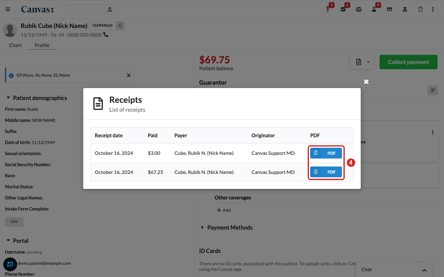 Receipts list open over the patient profile, with the PDF buttons in the Receipts list highlighted as step 4 Receipts list open over the patient profile, with the PDF buttons in the Receipts list highlighted as step 4