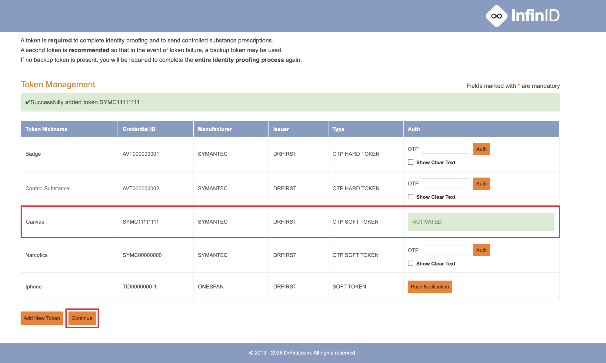 Token successfully added and marked ACTIVATED, with the Continue button highlighted