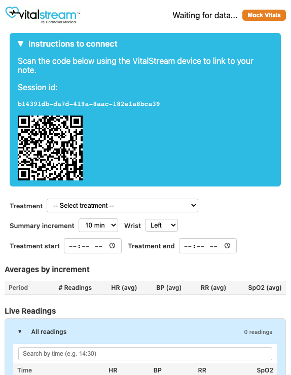 VitalStream panel with the pairing QR code VitalStream panel with the pairing QR code