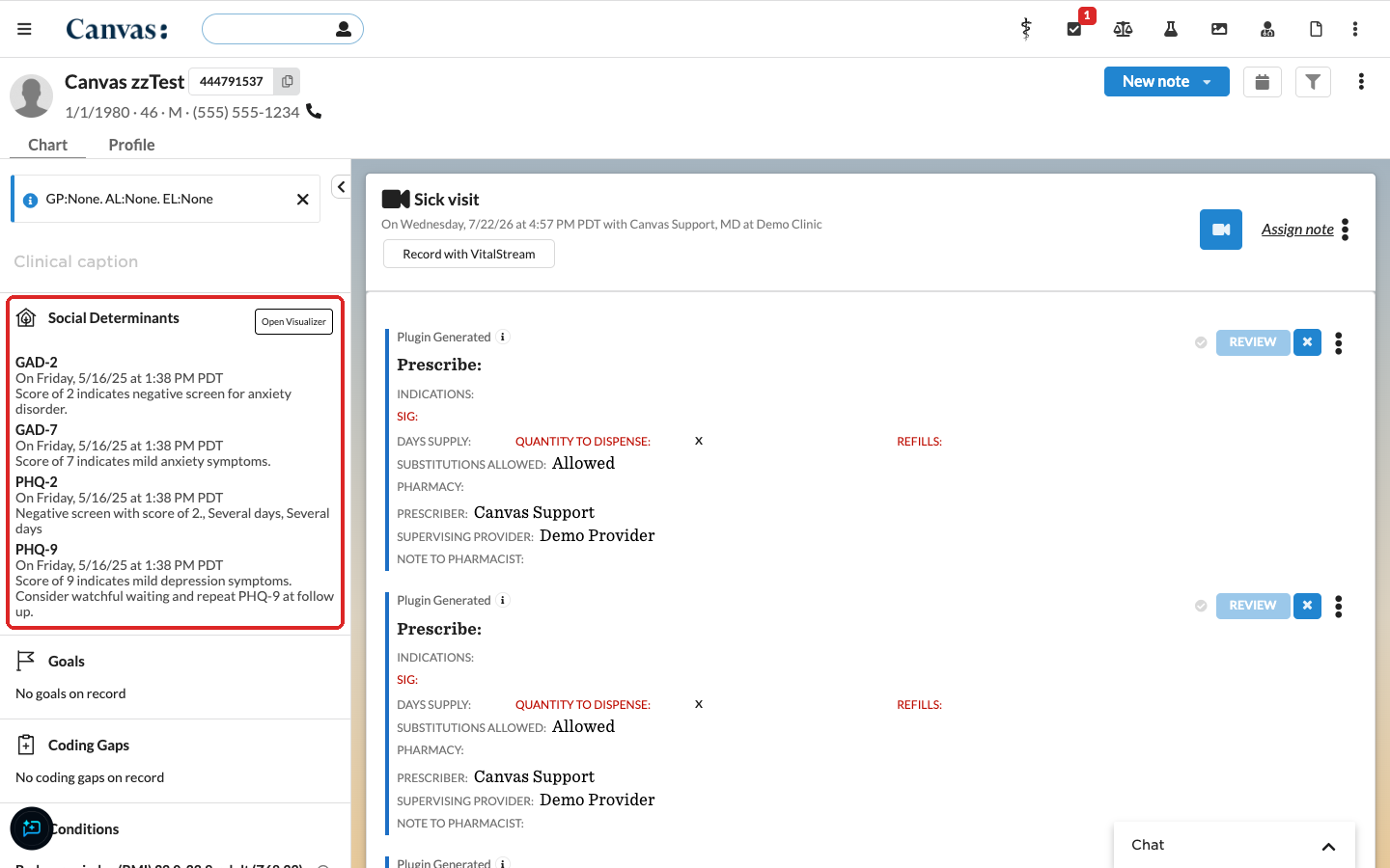 Patient chart with the Social Determinants section and its Open Visualizer button highlighted Patient chart with the Social Determinants section and its Open Visualizer button highlighted