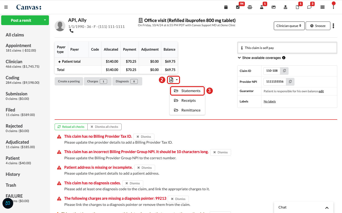 Claim page with the document icon highlighted as step 2 and Statements in the menu highlighted as step 3 Claim page with the document icon highlighted as step 2 and Statements in the menu highlighted as step 3
