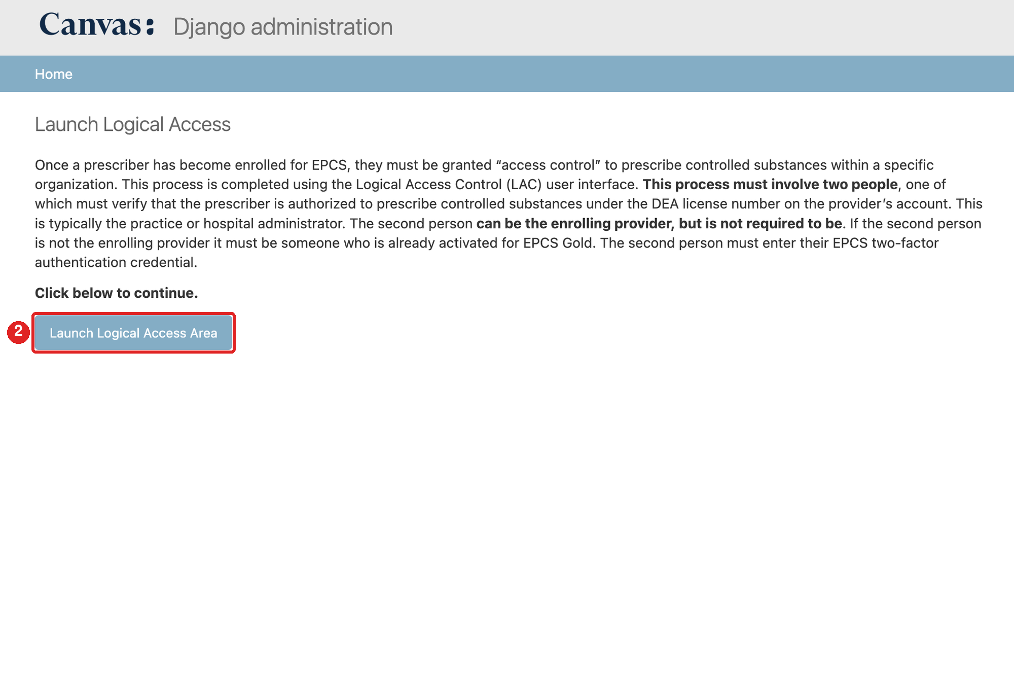 Launch Logical Access page with the Launch Logical Access Area button highlighted
