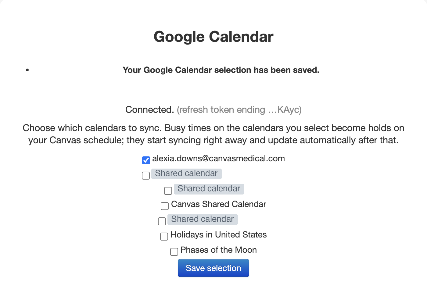 Calendar selection with Save selection button