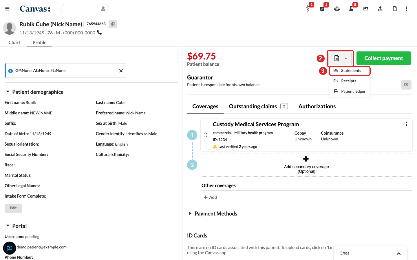 Patient profile with the document icon highlighted as step 2 and Statements in the menu highlighted as step 3 Patient profile with the document icon highlighted as step 2 and Statements in the menu highlighted as step 3