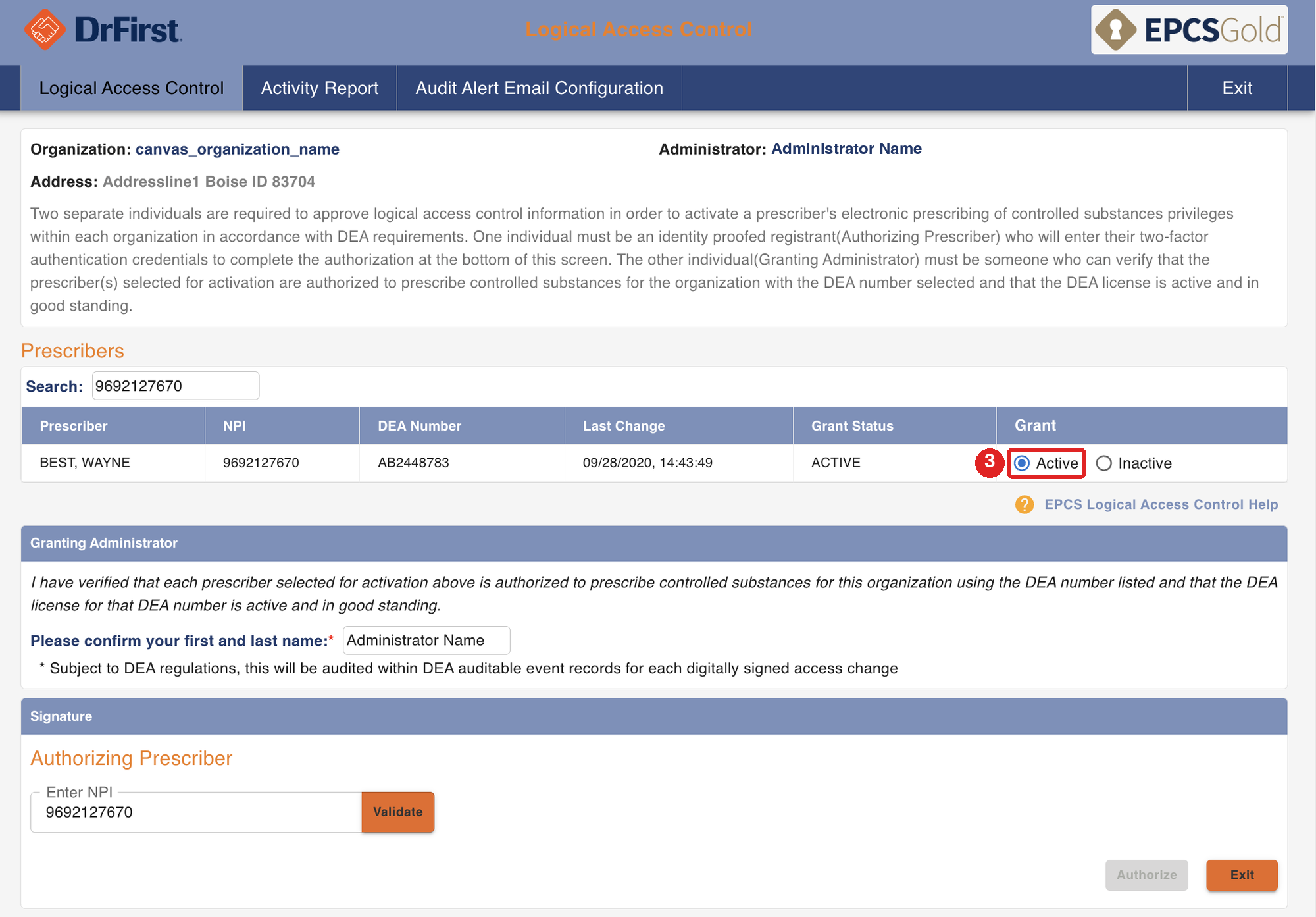 DrFirst Logical Access Control screen with the Active button highlighted next to the prescriber