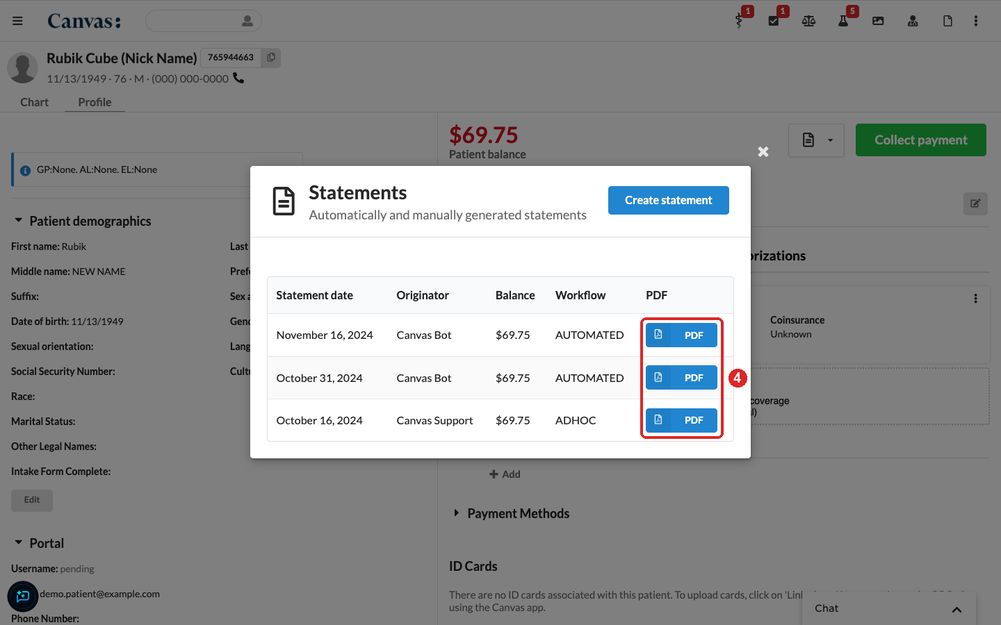 Statements list open over the patient profile, with the PDF buttons in the Statements list highlighted as step 4 Statements list open over the patient profile, with the PDF buttons in the Statements list highlighted as step 4