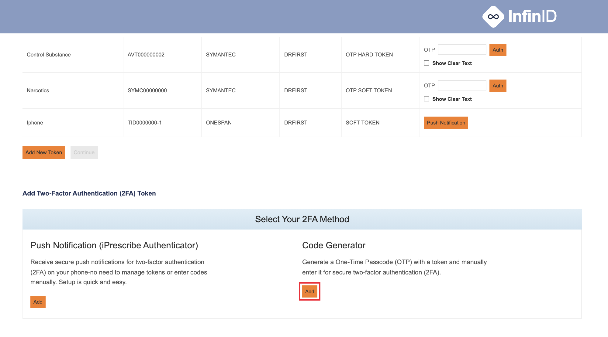 Select Your 2FA Method with the Code Generator Add button highlighted