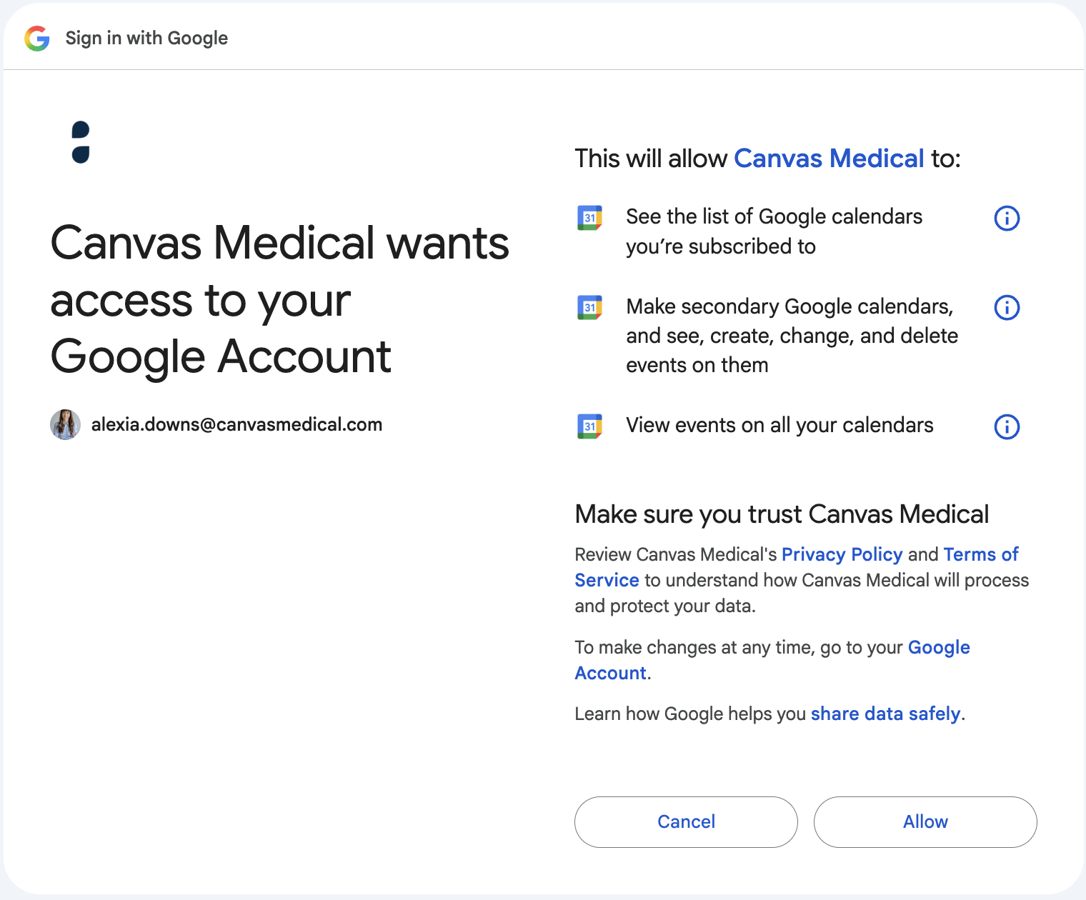 Google permissions screen with Allow button