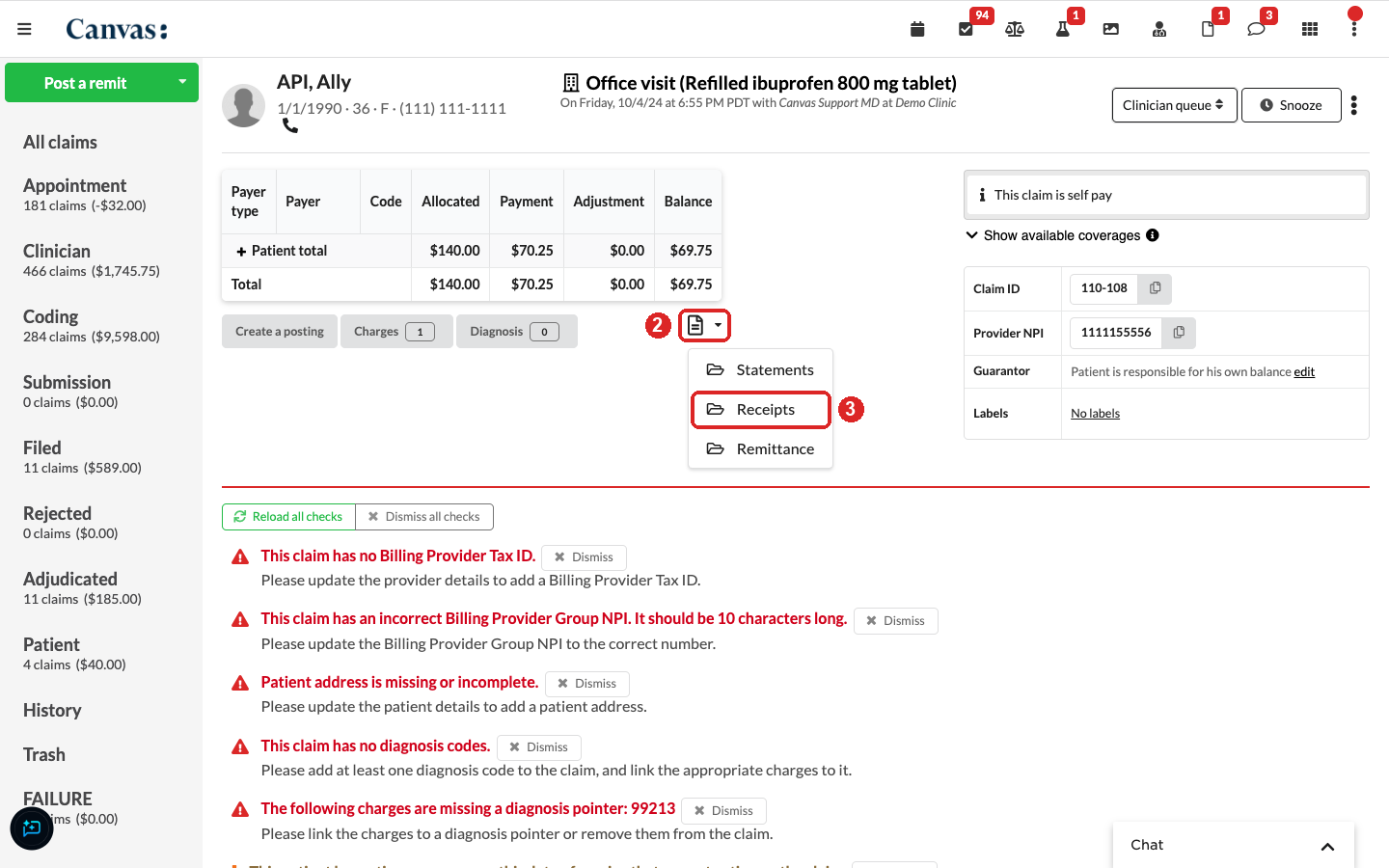Claim page with the document icon highlighted as step 2 and Receipts in the menu highlighted as step 3 Claim page with the document icon highlighted as step 2 and Receipts in the menu highlighted as step 3