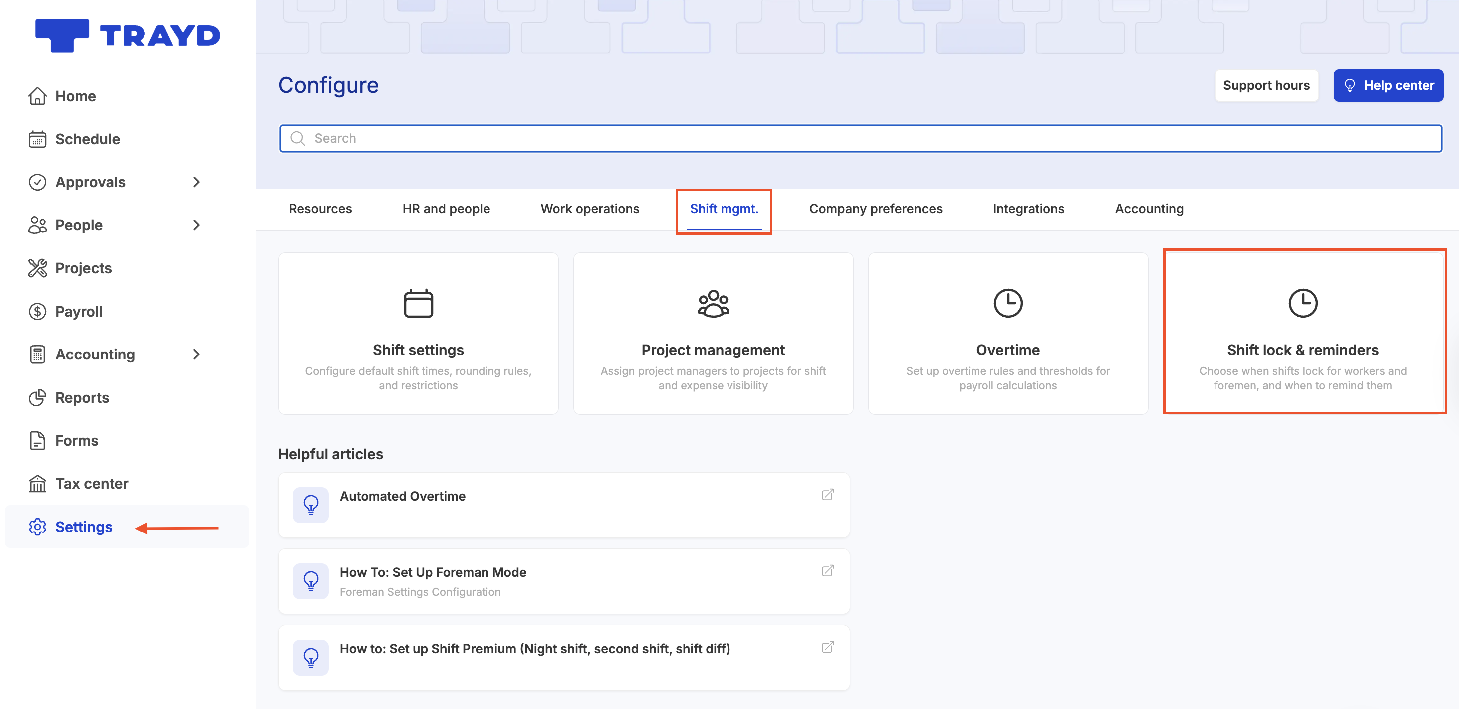 Settings dashboard showing the Shift mgmt tab with Shift lock & reminders option