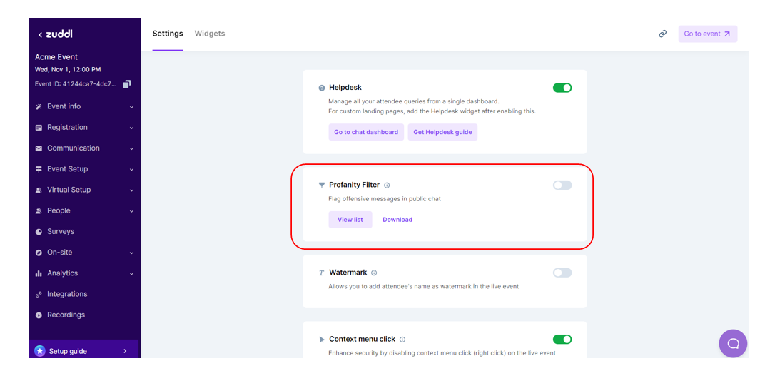 Profanity filter settings