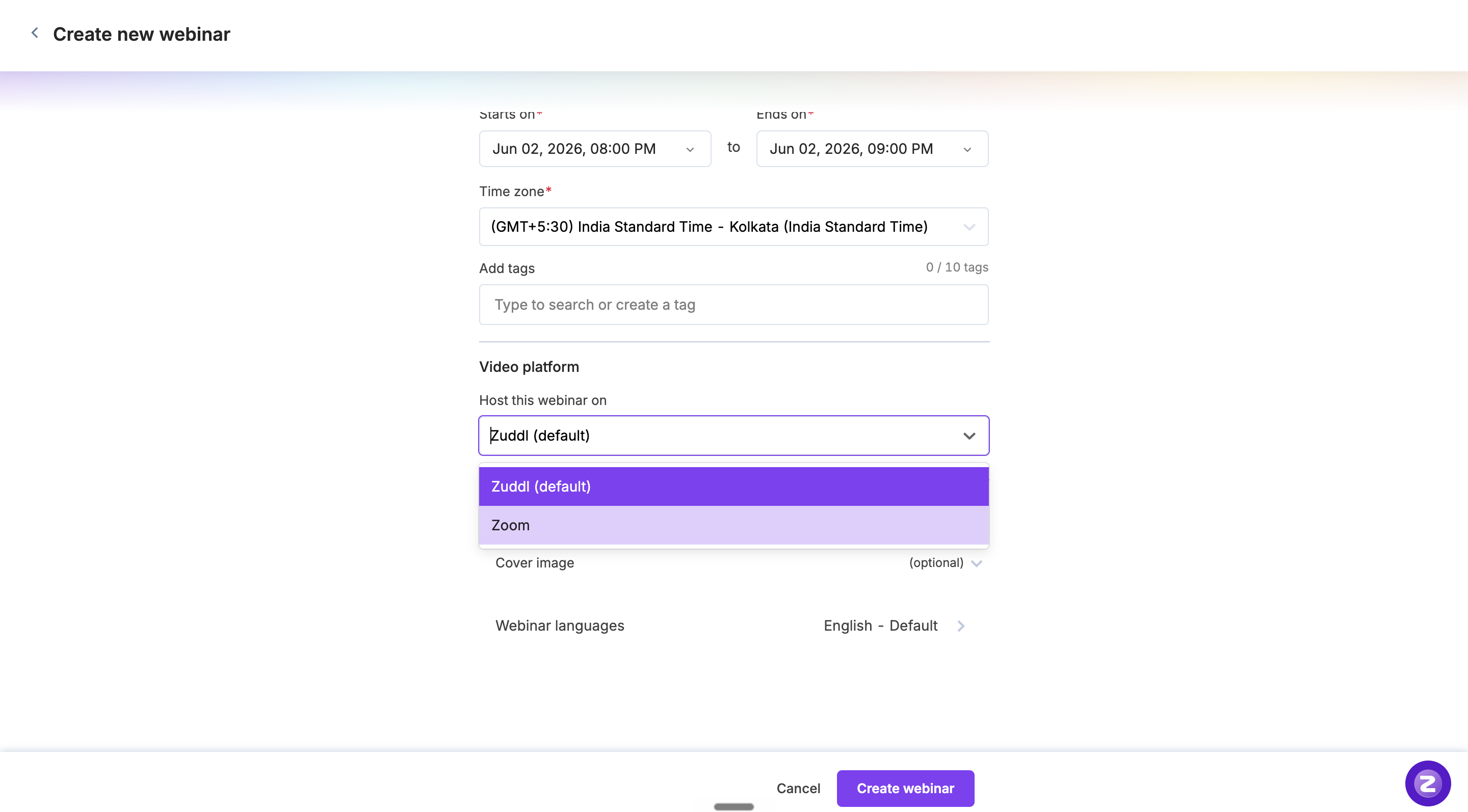 Selecting Zoom under Host this webinar on in the Create Webinar screen