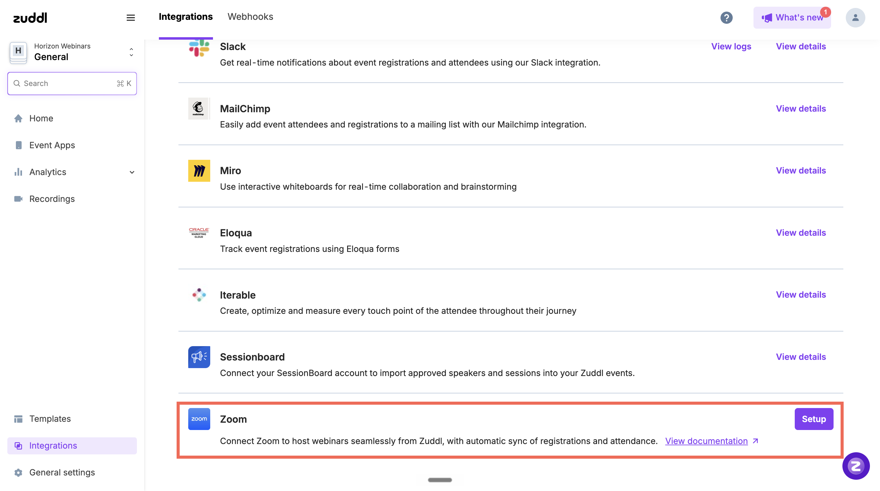 Zoom integration with the Set Up button in Organization Settings > Integrations