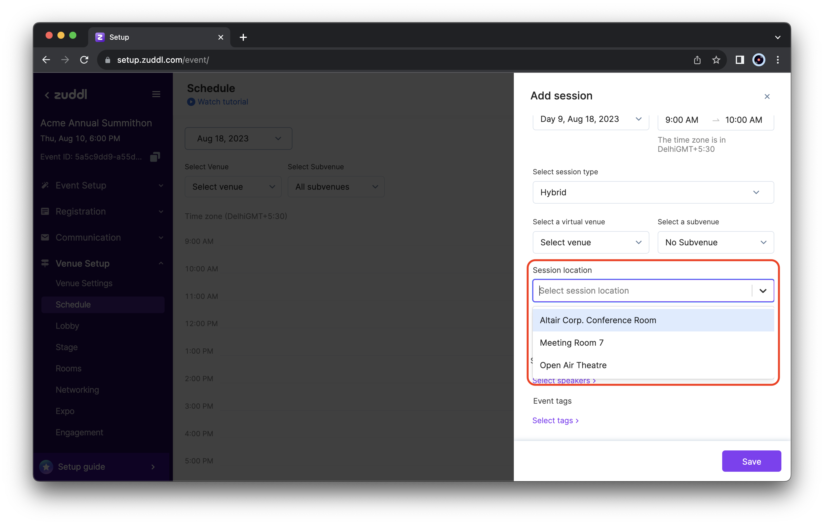 Choose location for the session