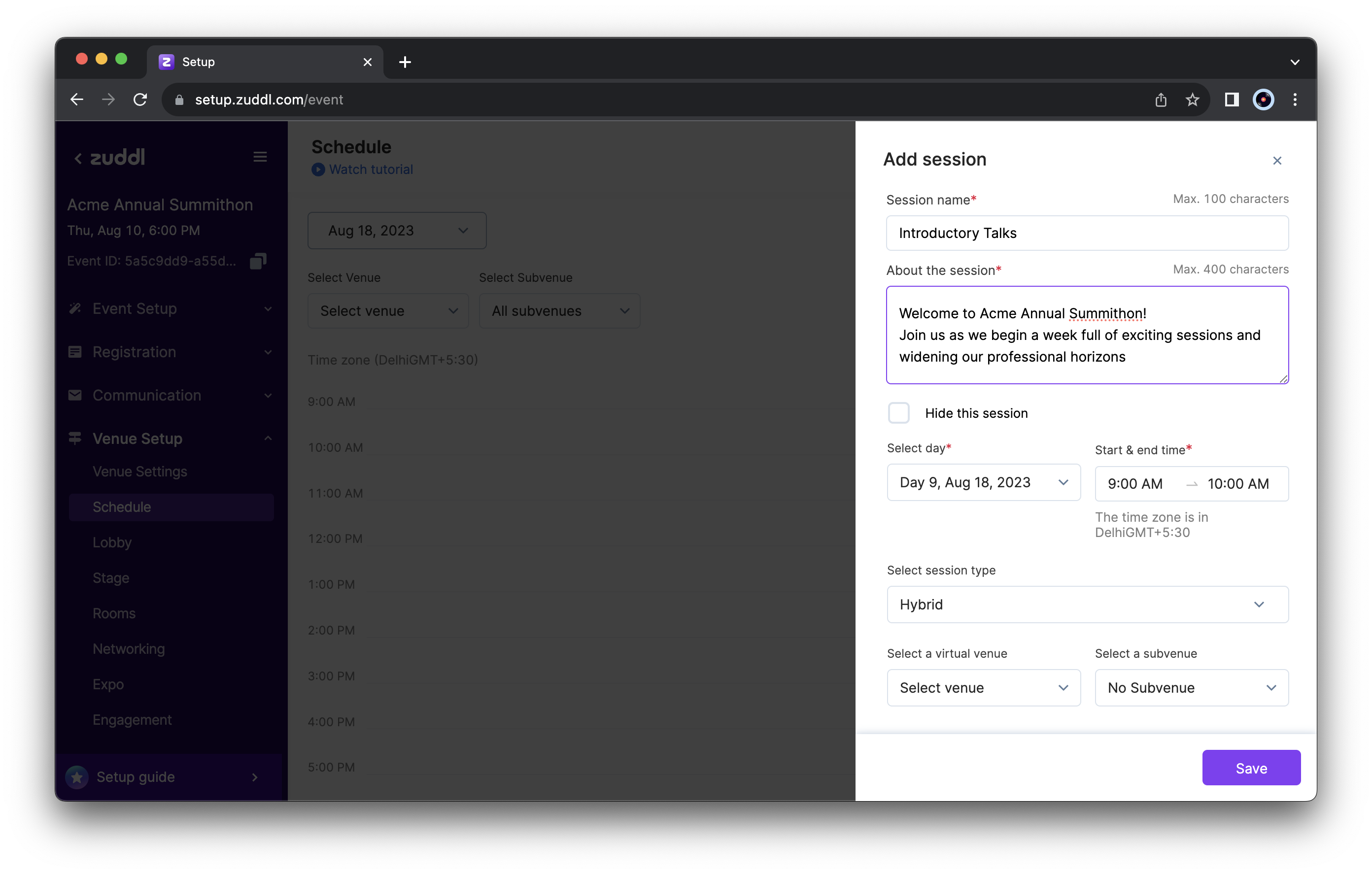 Enter session details