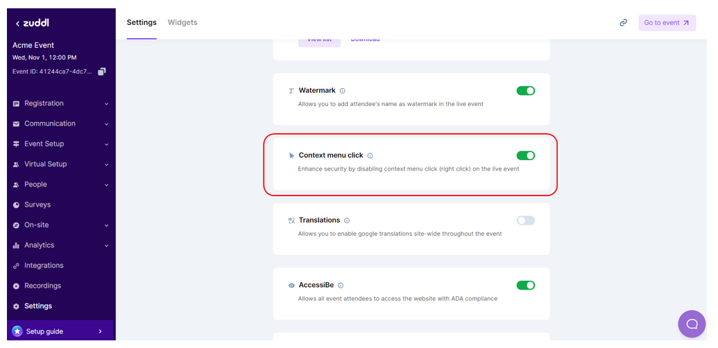 Context menu click settings