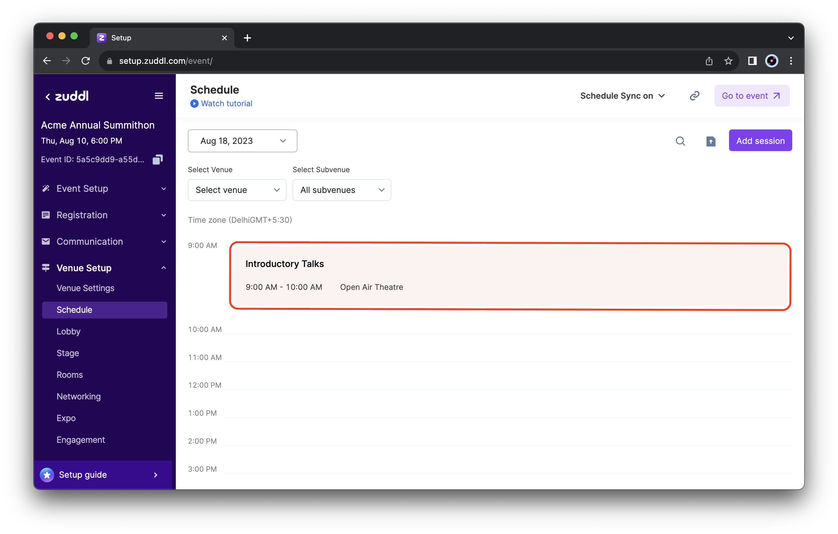 Session shown in the Schedule with location details