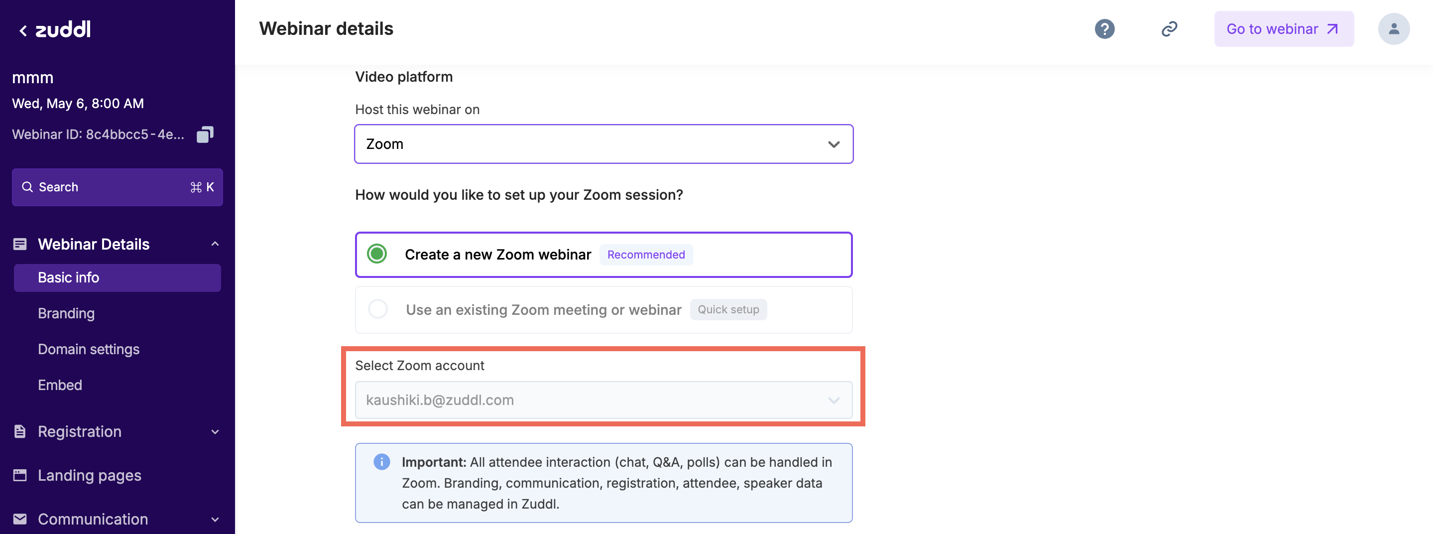 Connected Zoom account available under Select Zoom account