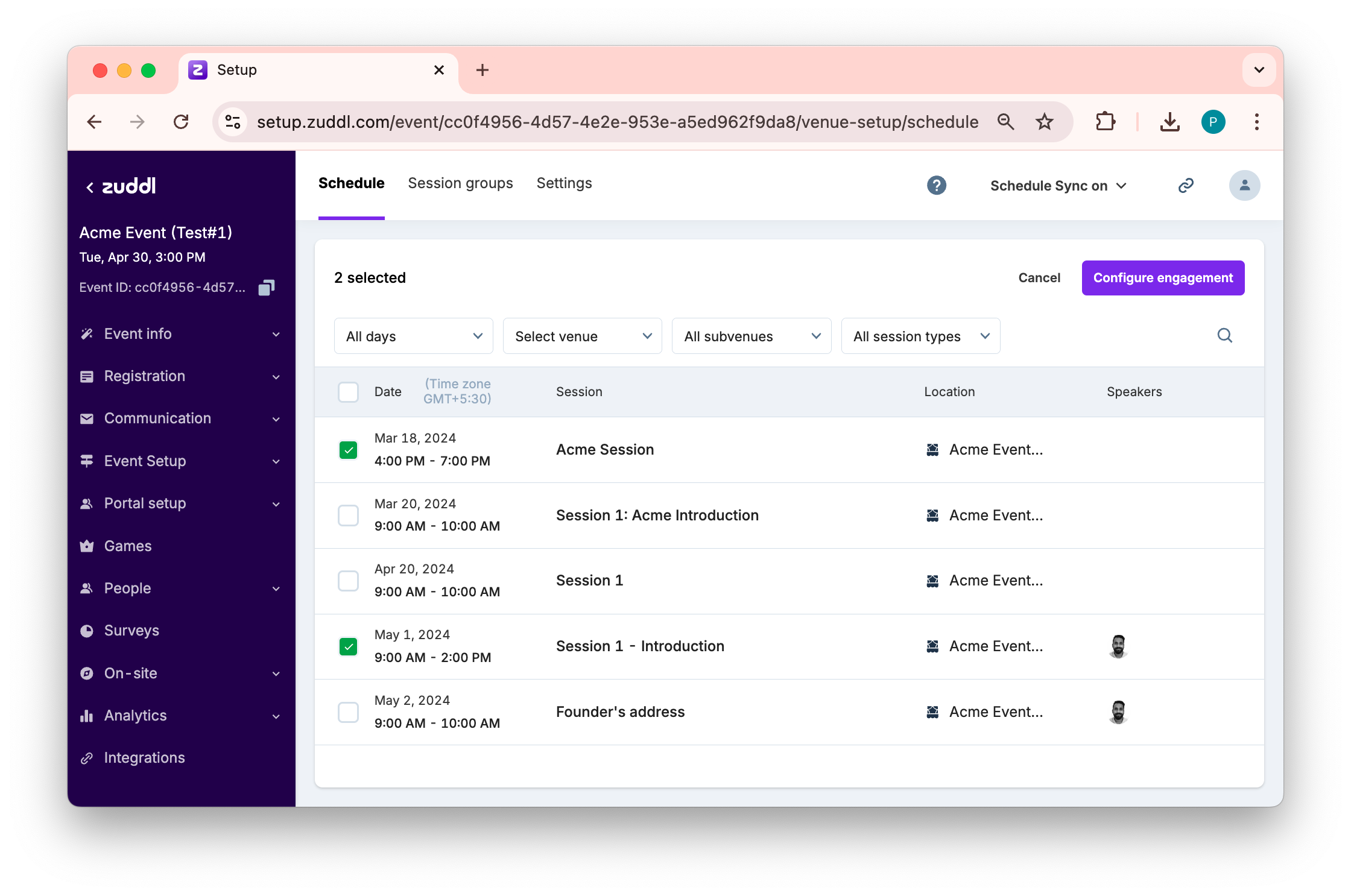 select sessions on list
