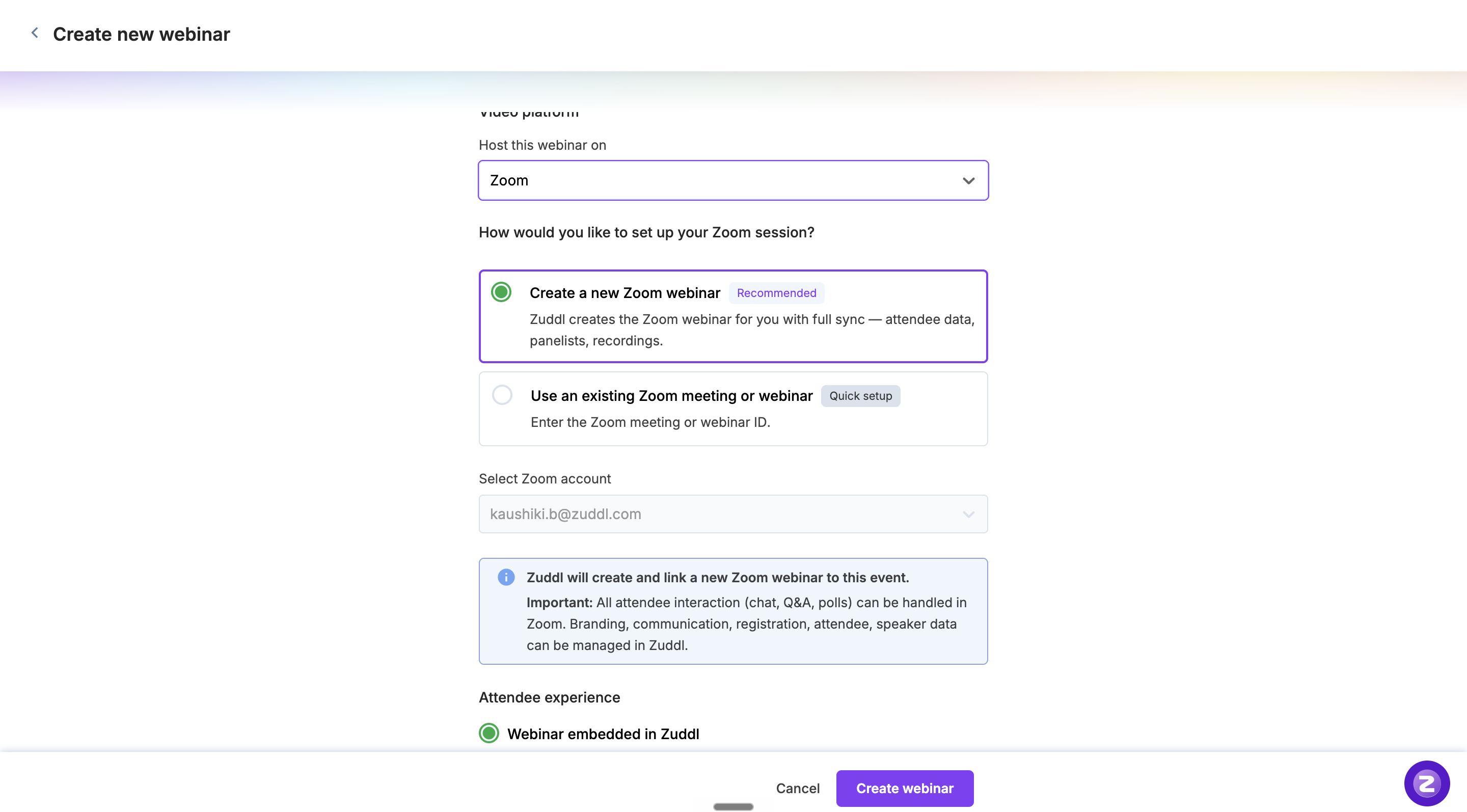Choosing Create a new Zoom webinar with full sync