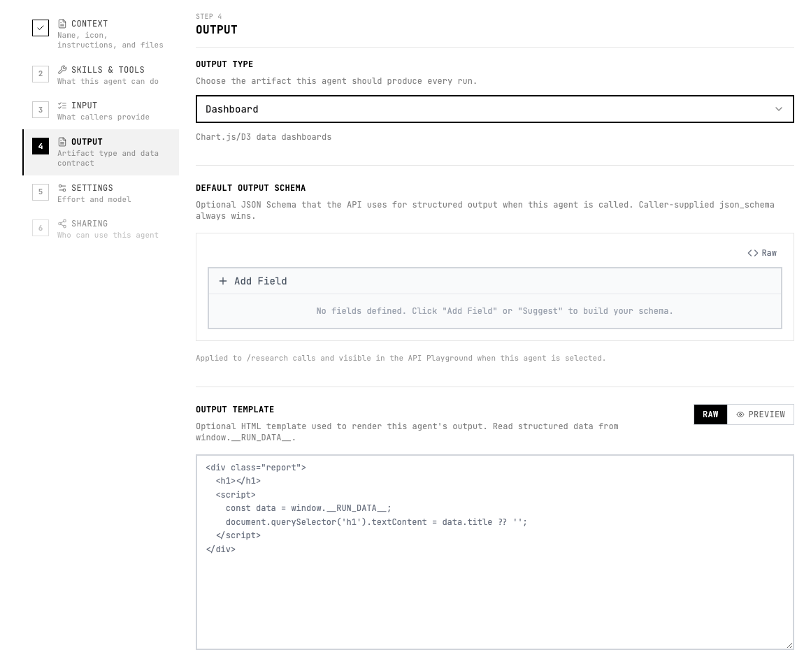 Dashboard selected in the output type menu