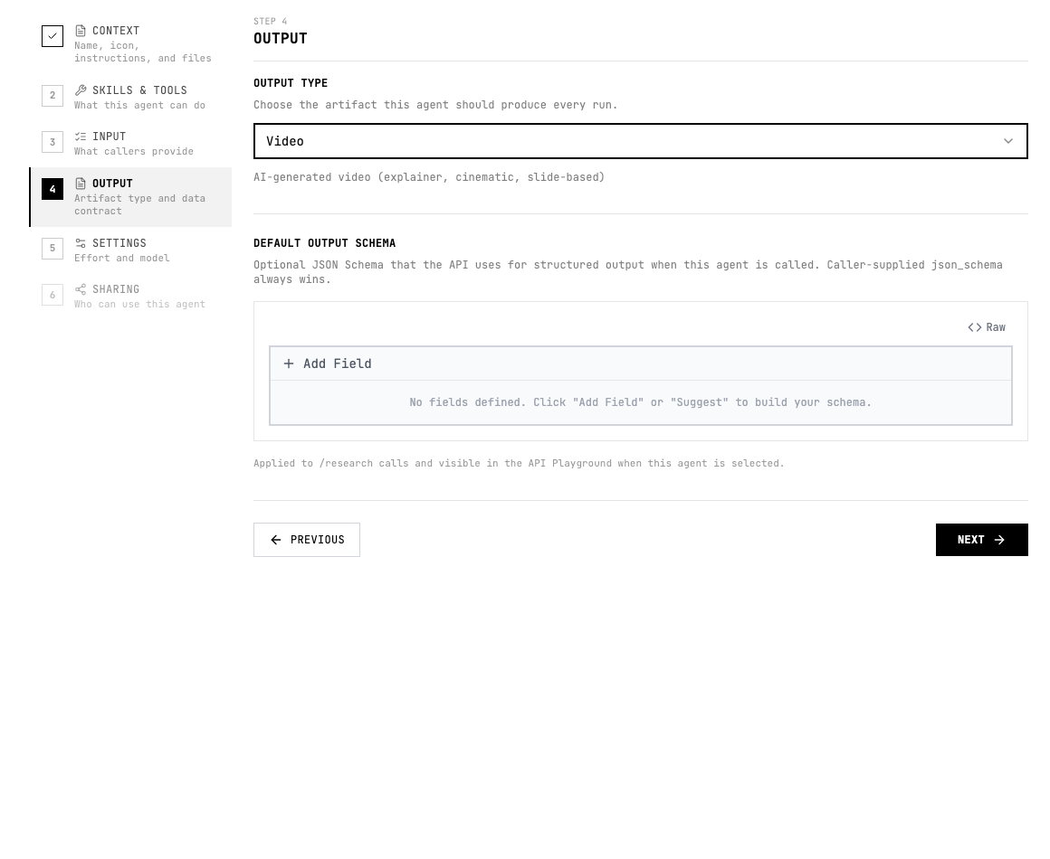 Video selected in the output type menu