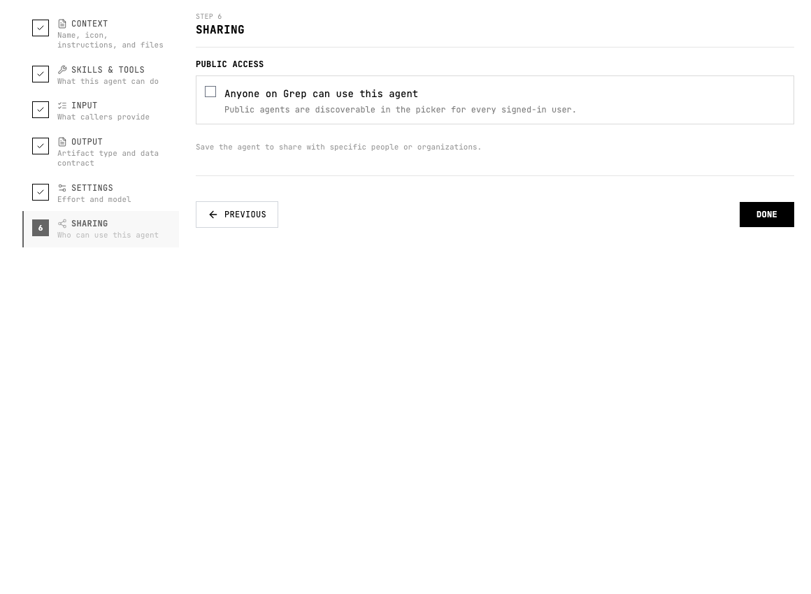Agent builder sharing step