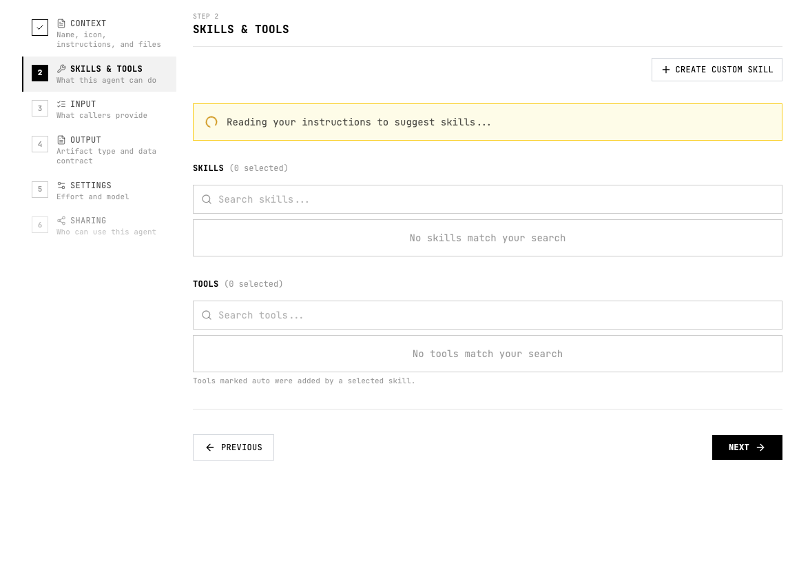 Skills and Tools step in the Grep agent builder