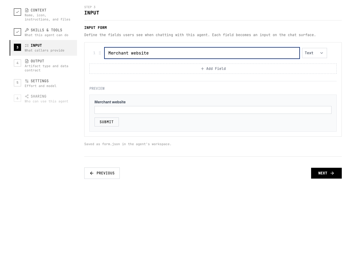 Agent builder input form step