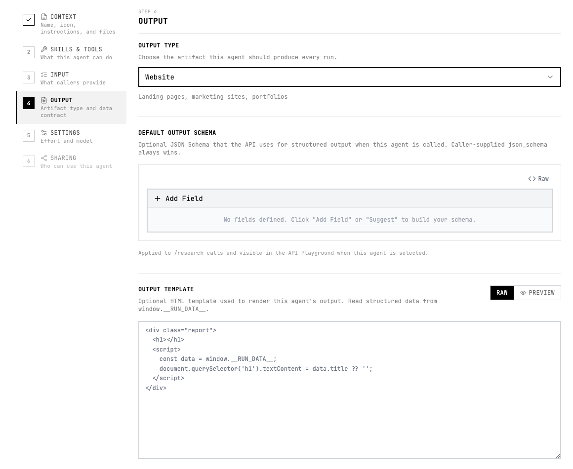 Website selected in the output type menu