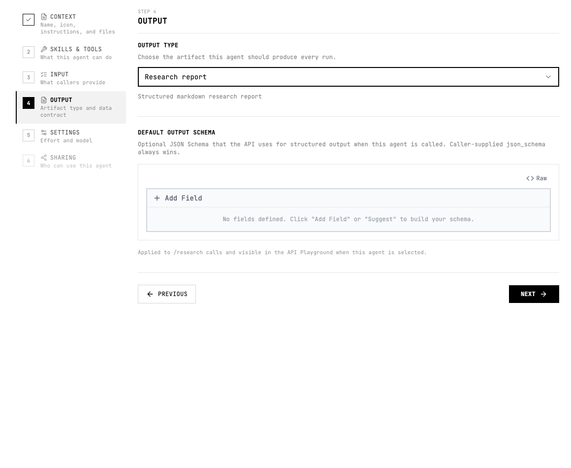 Research report output with schema area
