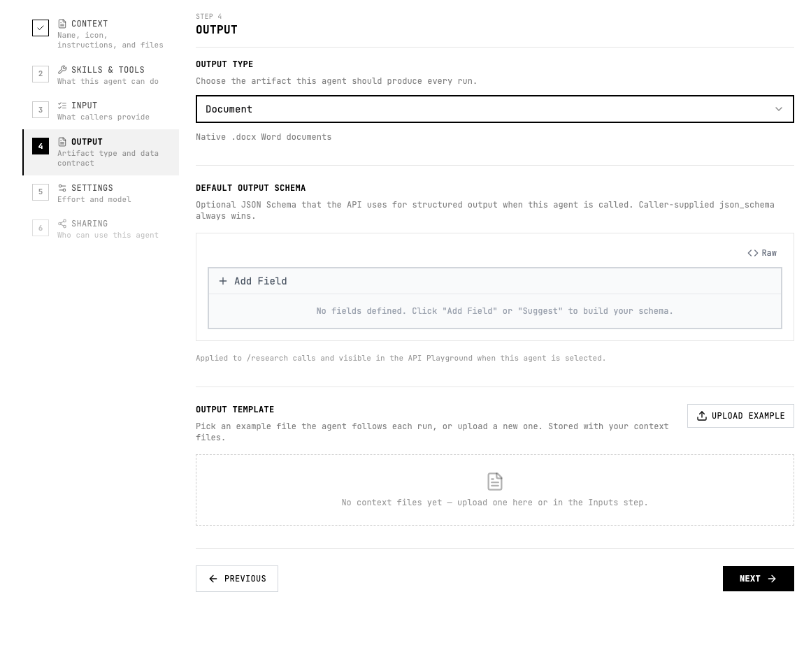 Document selected in the output type menu
