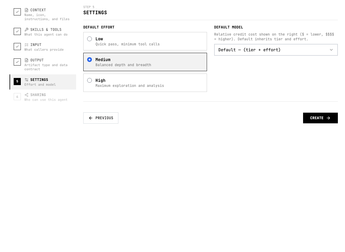 Agent builder settings step