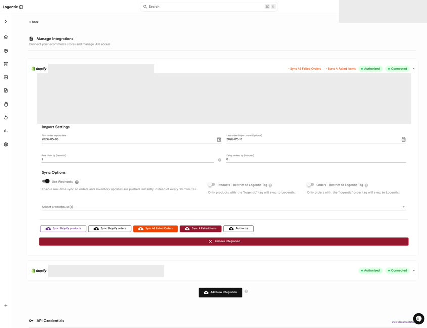 Manage Integrations showing Shopify integration settings with credentials masked and visible import settings, sync options, and manual sync buttons