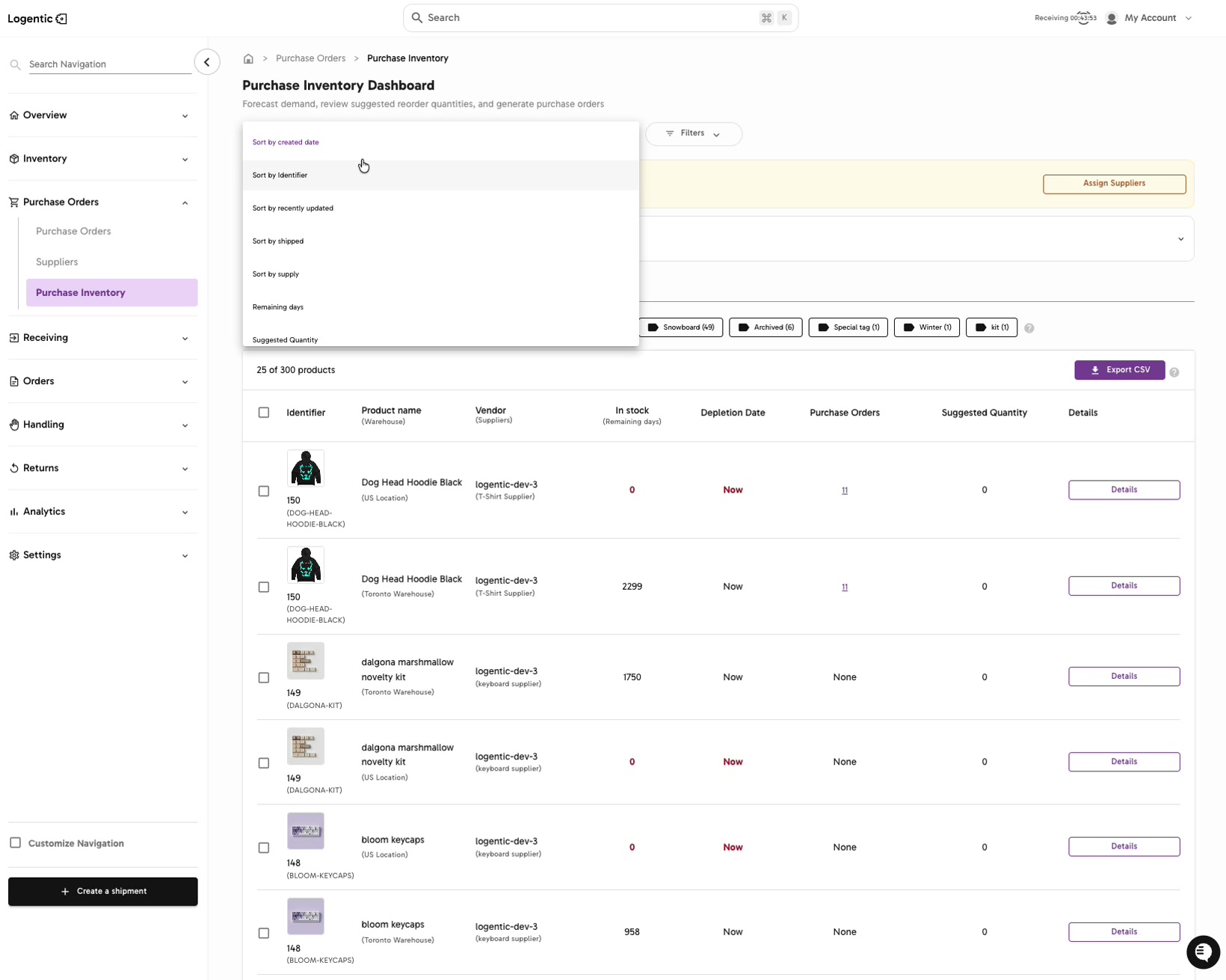 Purchase Inventory sort menu showing created date, identifier, recently updated, shipped, supply, remaining days, and suggested quantity options