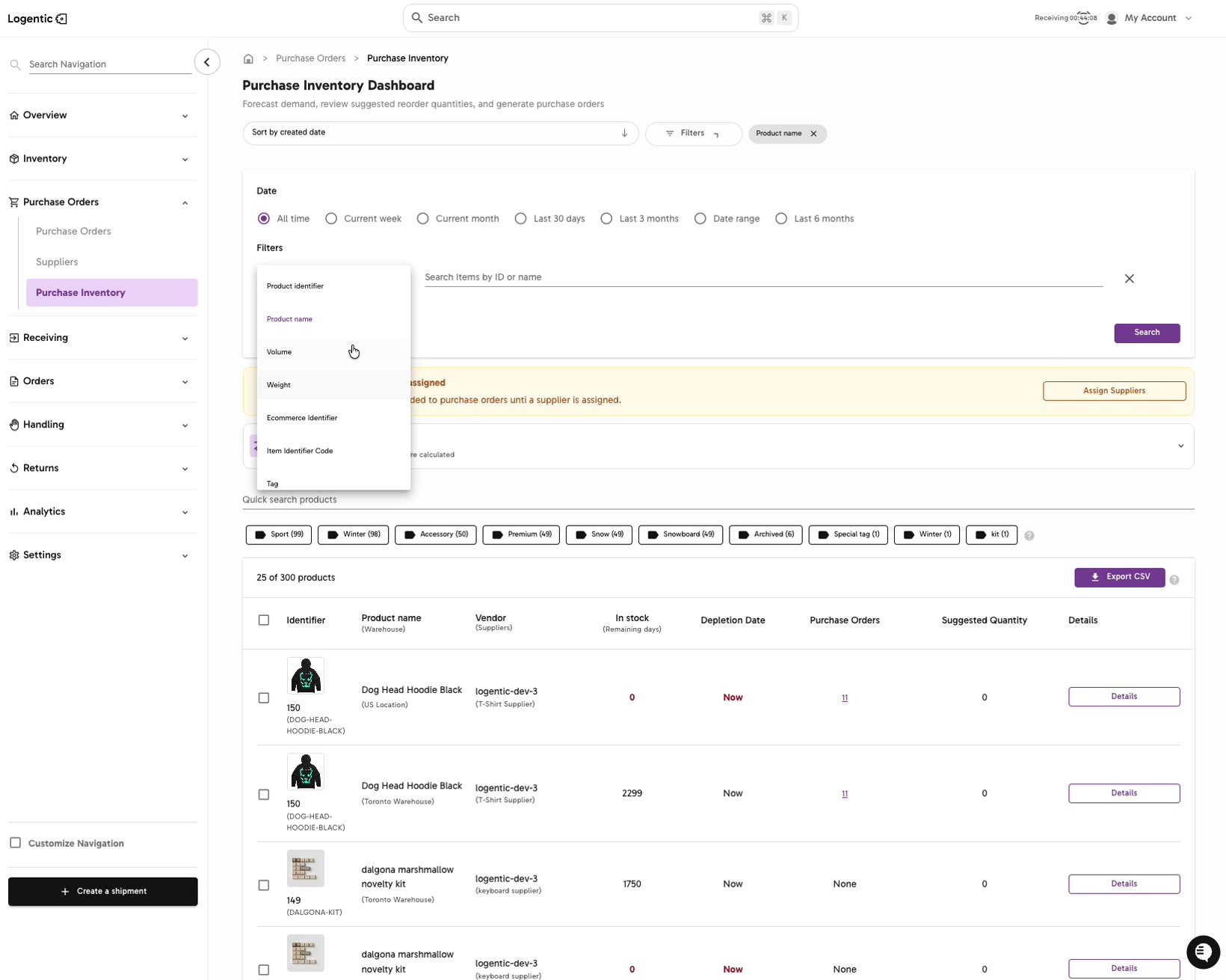 Purchase Inventory filter panel showing Product name selected and Search Items by ID or name