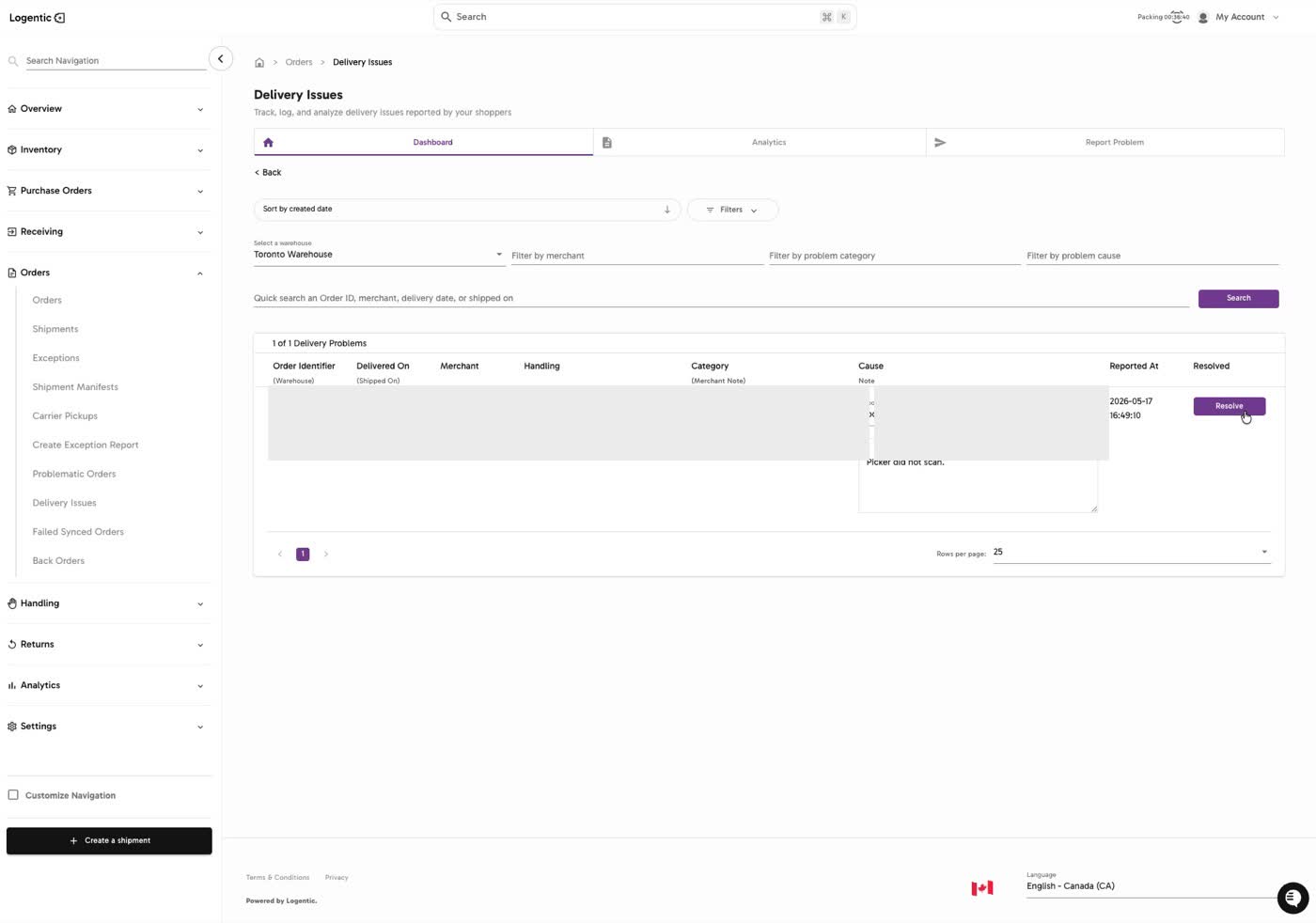 Delivery Issues Dashboard showing filters, a delivery issue row, and Resolve button